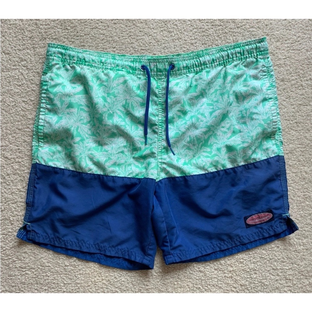 Vineyard Vines Swim Trunks Mens S Aqua Blue Palms Drawstring Shorts Beach Boat